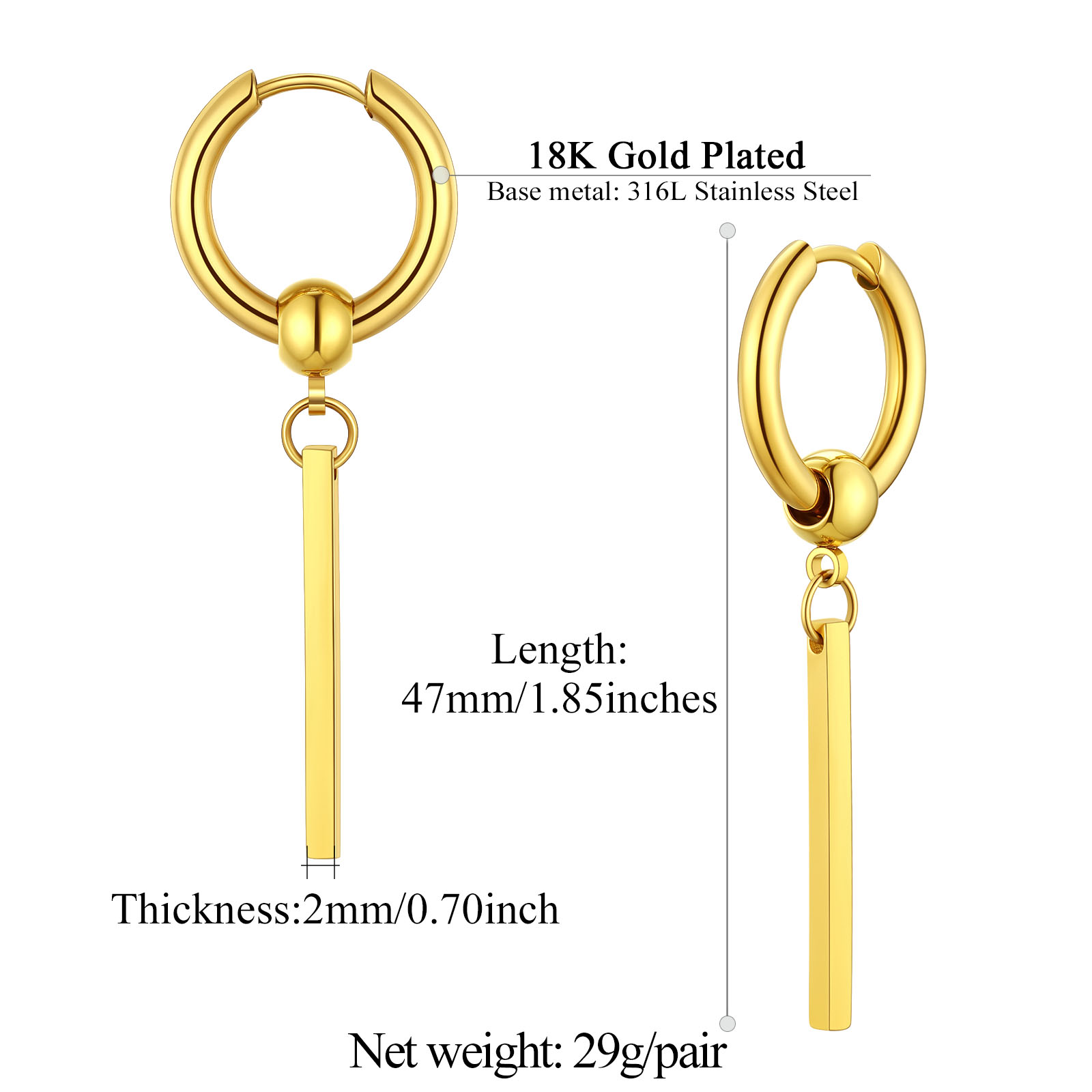 U7 Vertical Bar Earrings for Man Women Hypoallergenic Piercing Hook Hoop Bar Stripe Dangle Earring Daily Stylish Jewelry: Hot Stamping