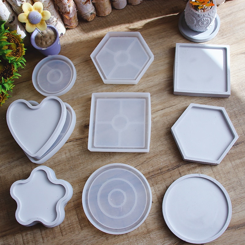 Hexagon Coaster Concrete Tray Silicone Mold Round Square Candlestick Plaster Base Tray Mould Cement Flowerpot Pedestal Molds