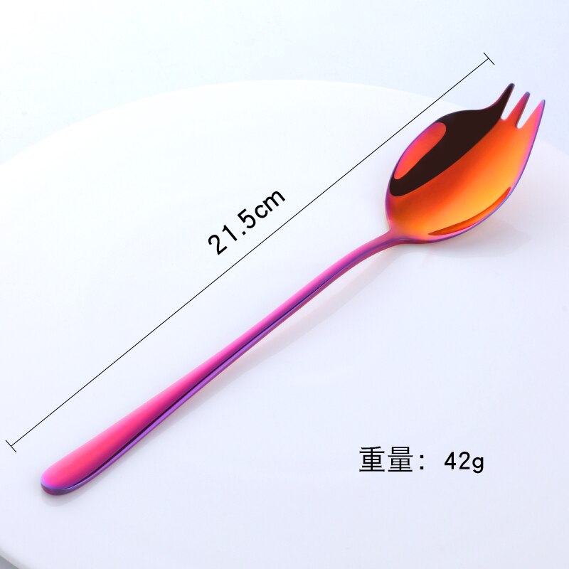 2 in 1 Salad Forks Spoon 304 Stainless Steel Three Tooth Multifunction Dessert Snack Fruit Forks Kitchen Tableware: rainbow NO.3