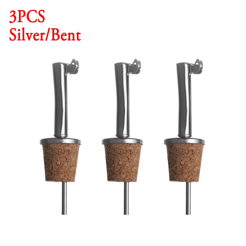 1/3PCS Wine Pourer Oil Bottle Stopper Plug Wooden Cork Stainless Steel Liquor Dispenser Barware: 3PCS Silver-Bent