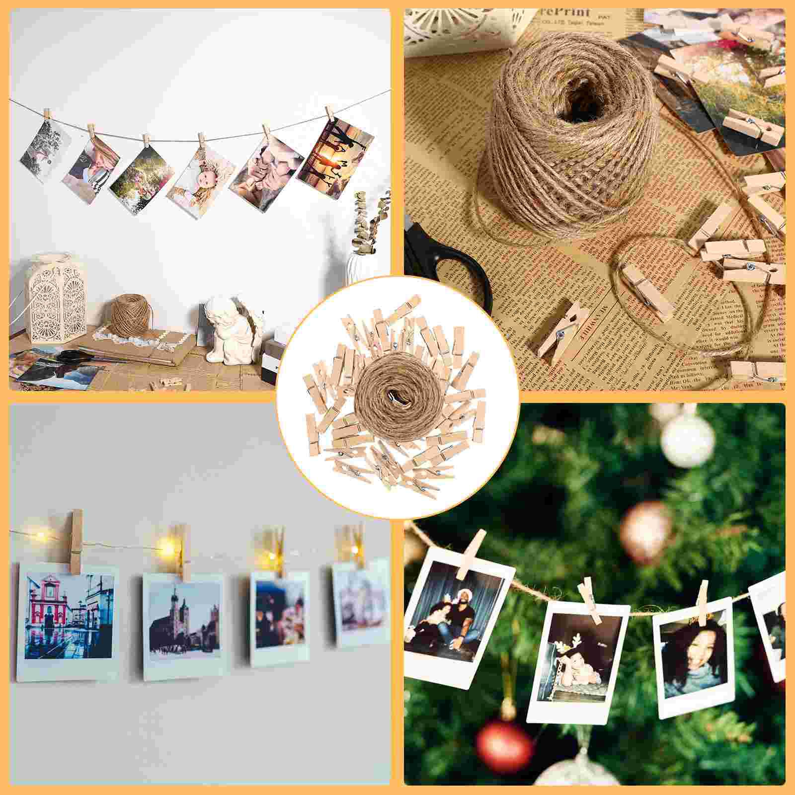 1 Set Photo Display Clips Wooden Clip Crafts Pictures Hanging Wooden Clamps DIY Message Clips with Hemp Rope