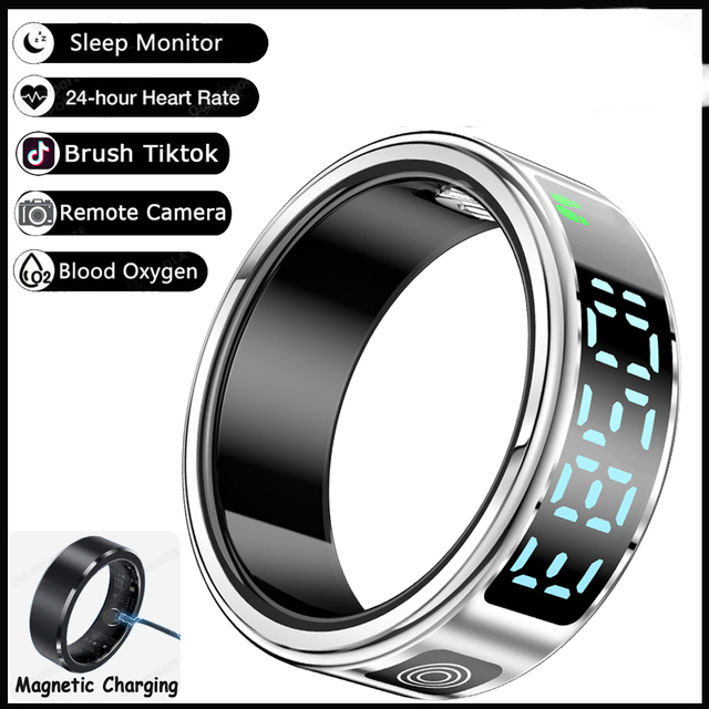 Smart Ring Mannen Met Scherm LED Hartslag Bloed Zuurstof Monitoring Vrouwen Ring Multi Sportmodi IP68 5ATM Waterdicht: Blauw / 8