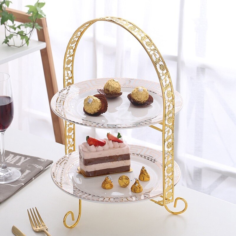 Metalen Cake Stand Double-Layer Boog-Vormige Gouden Fruit Dessert Rack Bruiloft Verjaardag Partij Decoratie Cupcake Stand