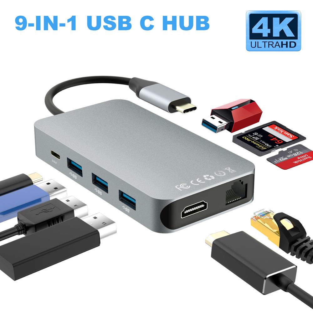 9- i -1 type c til hdmi /rj45/ hdmi 4k usb hub / sd / tf multifunksjons dokkingstasjon til macbook pro samsung  s9 Lyn 3 usb c