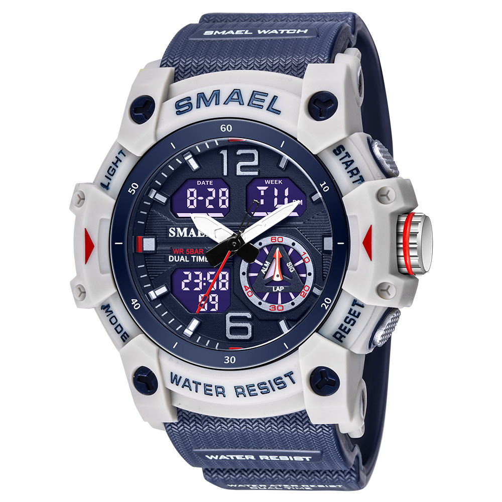 SMAEL 8007 Elektronische Uhr Sport Im Freien Wasserdicht Stoßfest Chronograph Dual Display Silikon Armband Männer Armbanduhren: WHITE