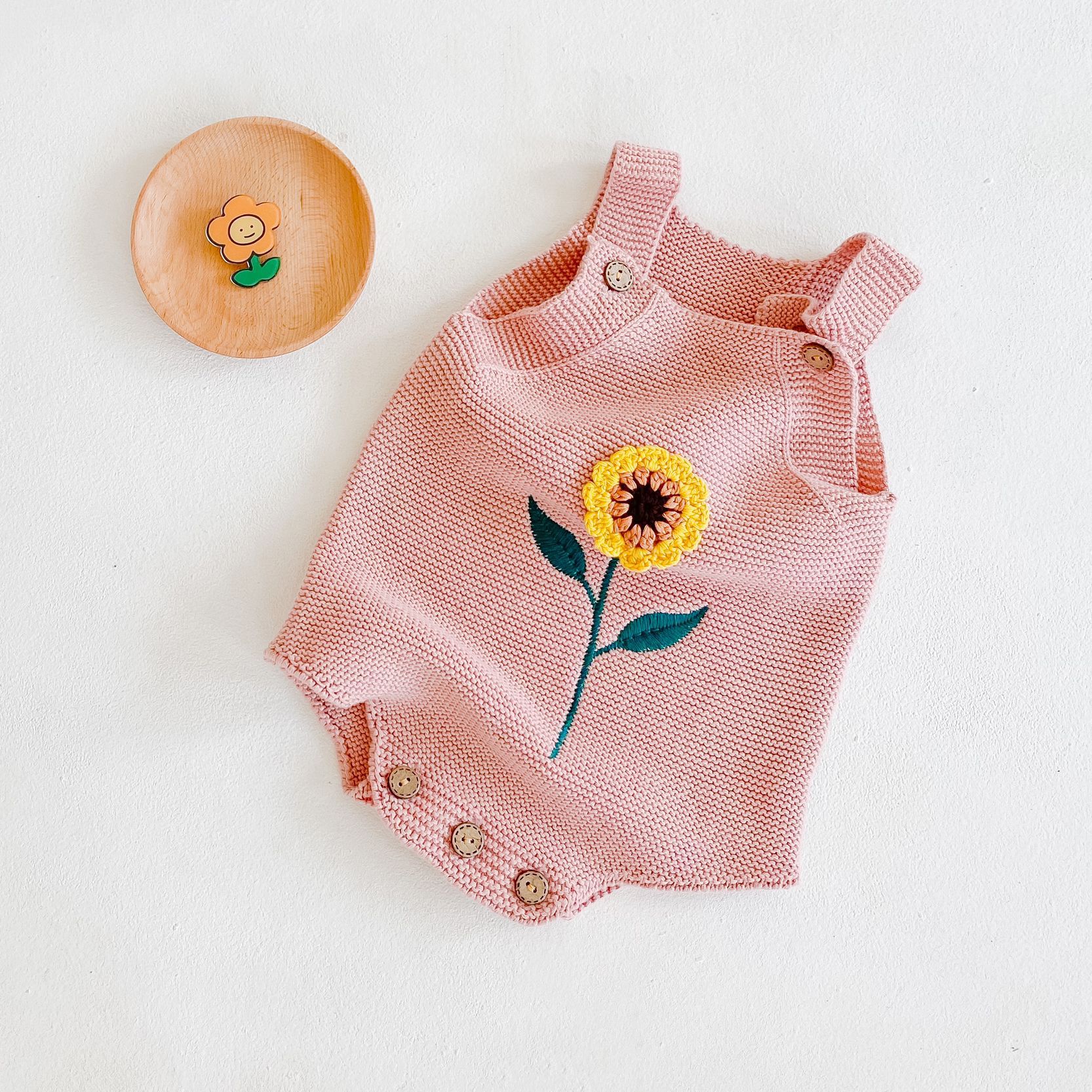 Nyfødt baby pige dreng strikket body solsikke print ærmeløs jumpsuit børn strik overalls efterårs baby tøj