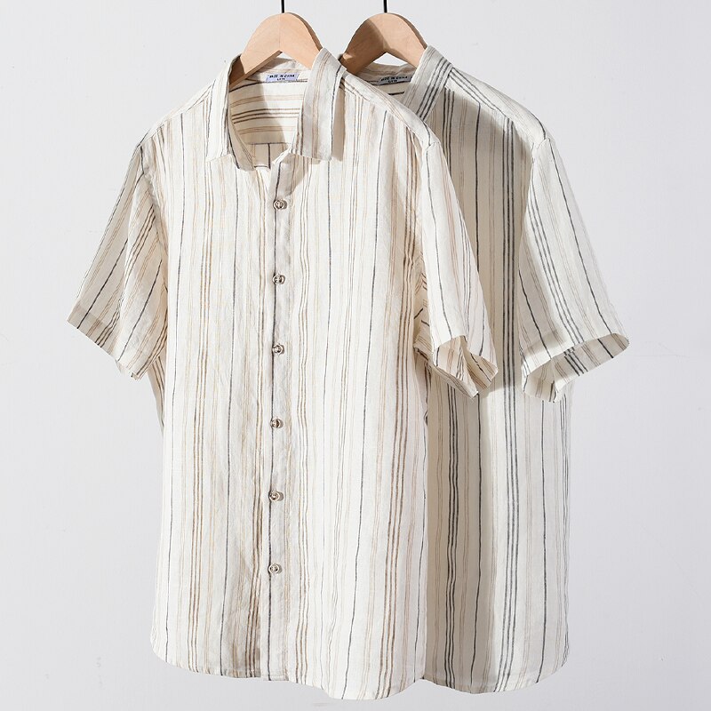 100% Linen brand stripe shirt men comfortable short sleeve shirts for men tops mens clothes camisa chemise