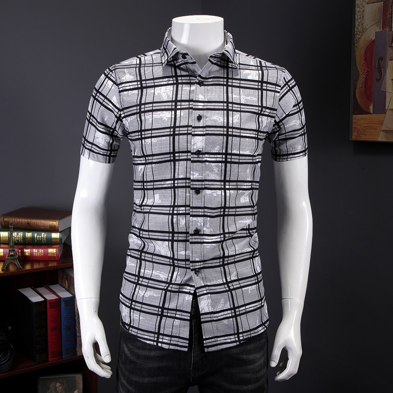 Herre plaid skjortekjole slim fit skjorter til mænd kortærmet sommer afslappet check print social bluse mandlige camisas hombre 7xl