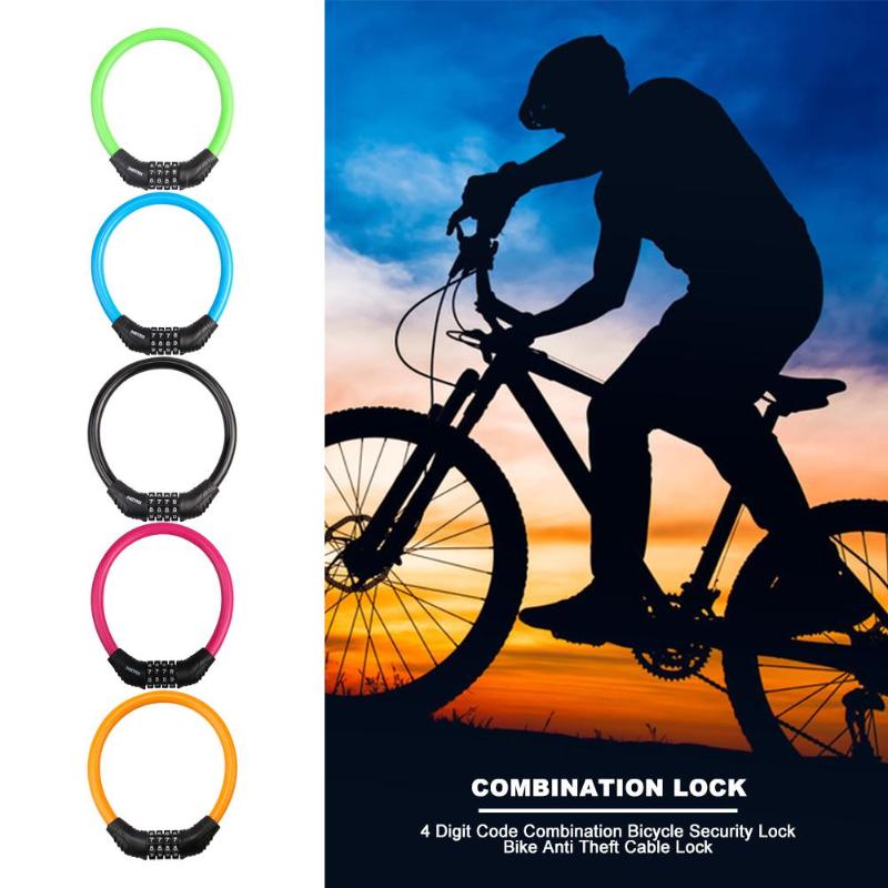 4-Digit Password Bicycle Code Lock Mountain Bike Portable Security Anti-theft Cable Lock Steel Wire Lock Bicycle Accessories