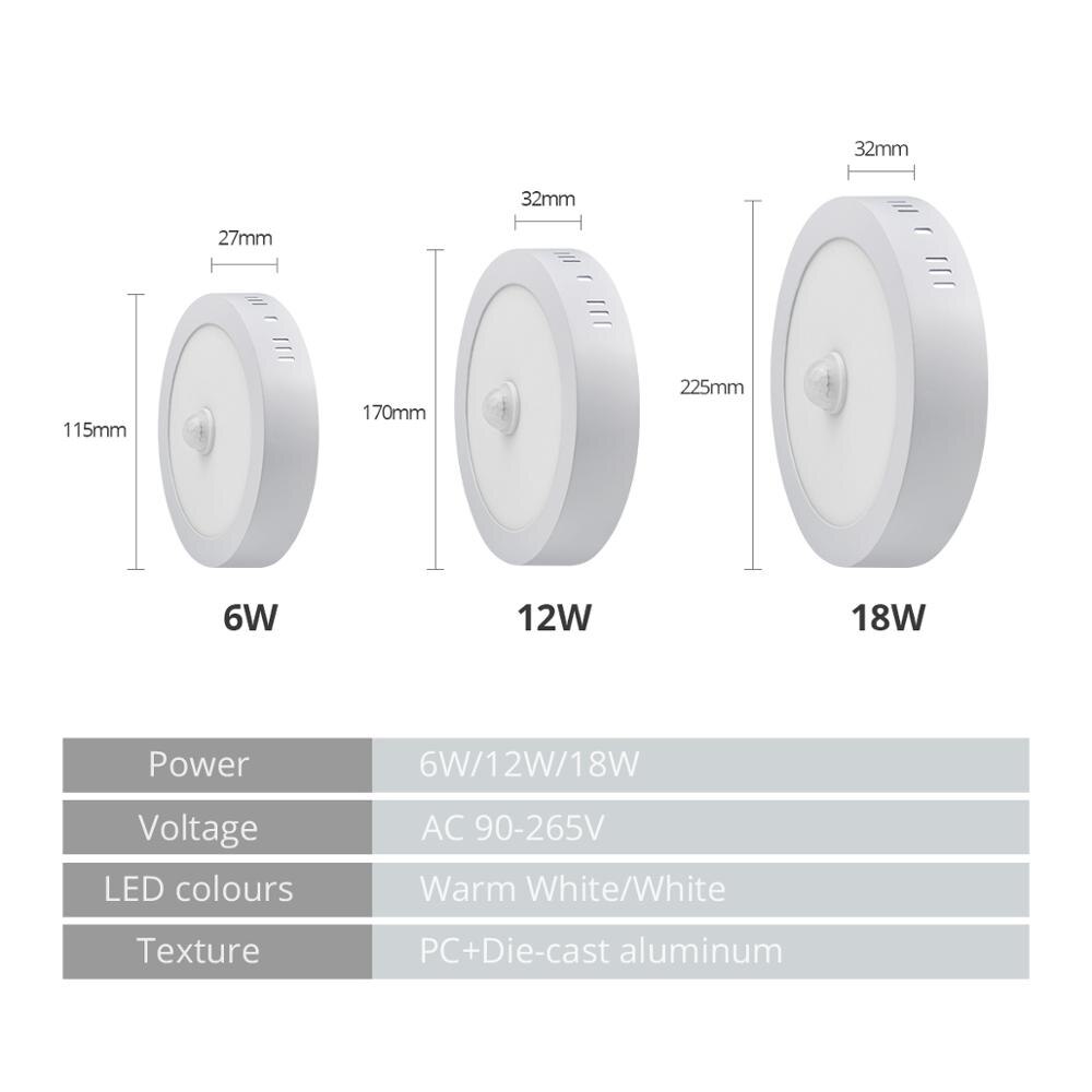 Motion Sensor LED Panel Light AC 85-265V 6W 12W 18W LED Surface Round Ceiling Lamp For Motion Control Auto On/Off Home Lighting