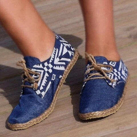 Blå flade sko kvinder snøresko flad platform dame behagelige sko afslappet ægte forhastet hamp zapatillas mujer