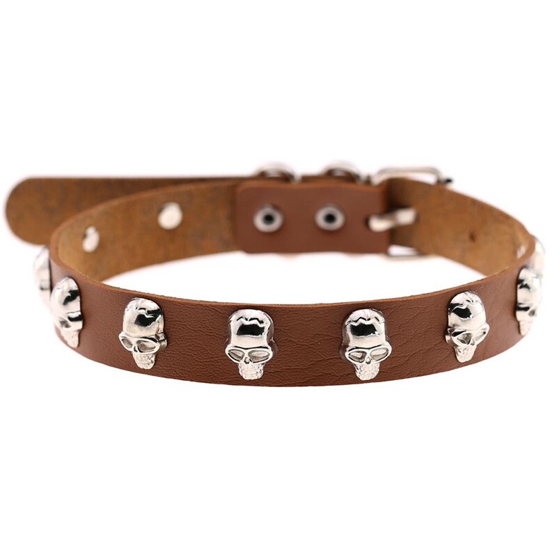 Trendy Punk Rock Silver Color Alloy Skull Leather Choker Necklace For Women Men Collar Jewelry: Khaki