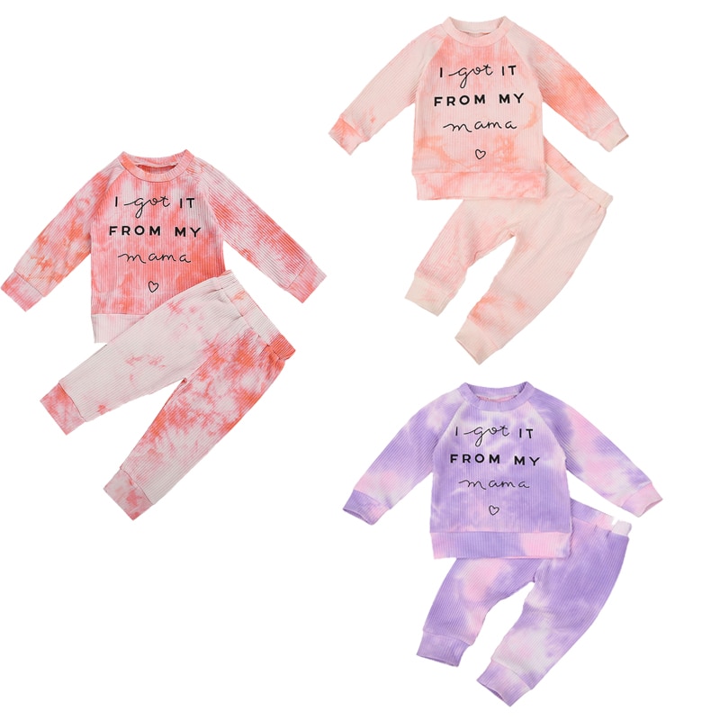 2 Stuks Kinderen Pak Set, tie-Dye Print Geribbelde Kleding Ronde Hals Lange Mouw T-shirt + Broek 1-5Years Lente Herfst Outfits
