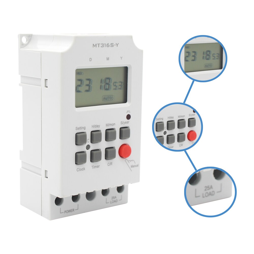 ManHua 220VAC 25A Din Rail Programmable Timer MT316S-Y with LCD Daily/Monthly Timer/Yearly Digital Time Switch