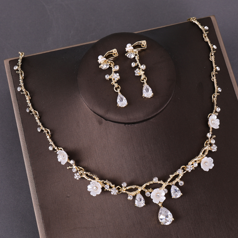 Mode Zilveren Kleur Goud Bruids Sieraden Set Zirkoon Ketting Oorbel Rhinestone Clip Earring Vrouwen Bruiloft Sieraden Accessoires