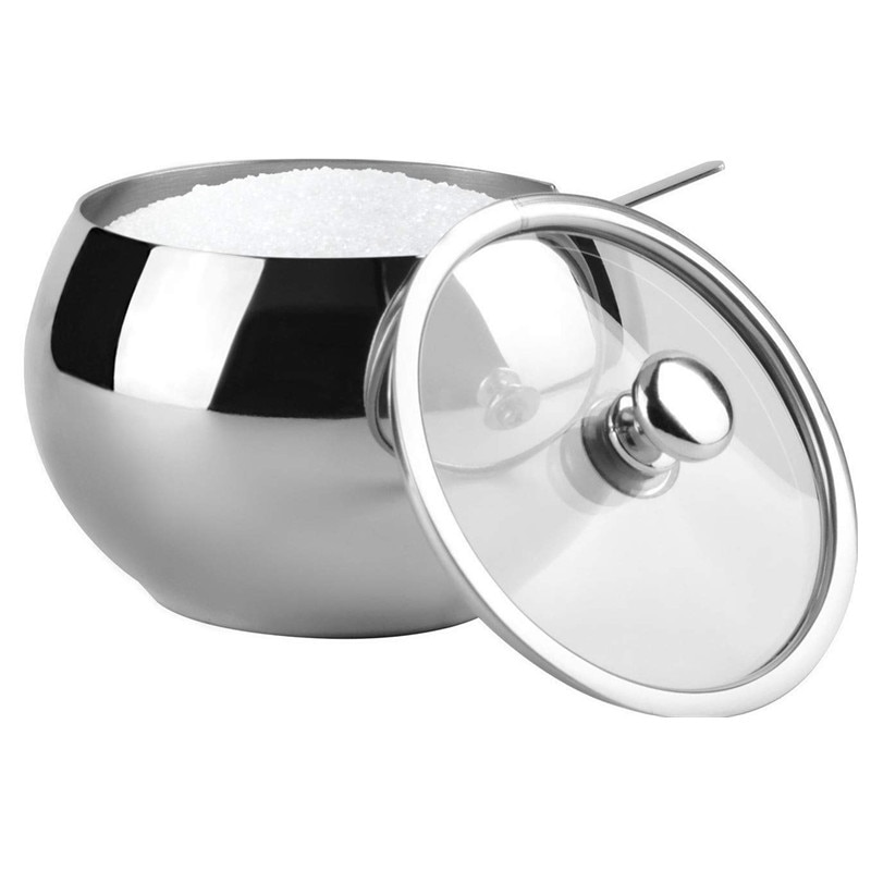 MOM'S HAND Kitchen Seasoning Box Stainless Steel Large Sugar Bowl With Glass Clear Lid and Spoon