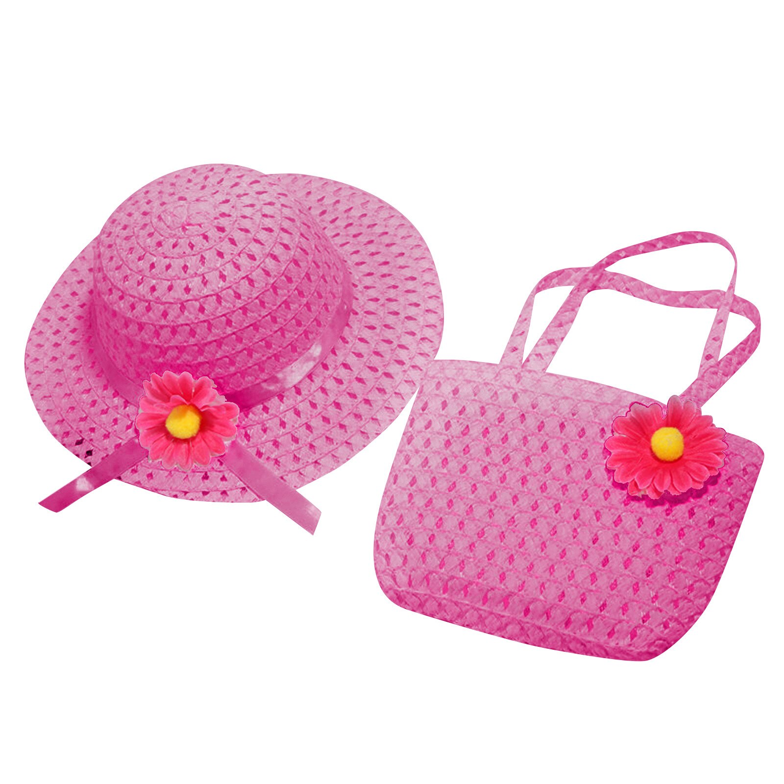 Zomer Baby Bloem Ademend Strohoed Met Handtas Tassen Kids Hoed Meisjes Zonneklep Uv-bescherming Panama Hoed Gorras: Hot Pink 