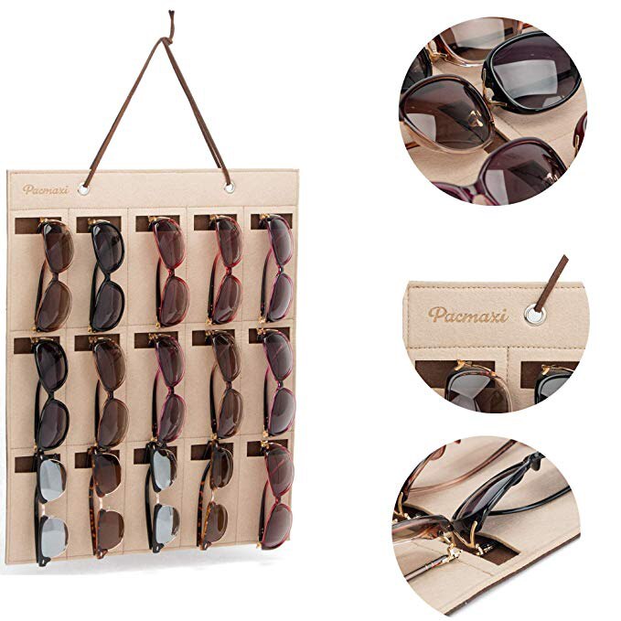 Soporte de 15 ranuras para gafas de sol, estuche de exhibición, bandeja de joyería, caja de almacenamiento, organizador, color Chocolate, Unisex