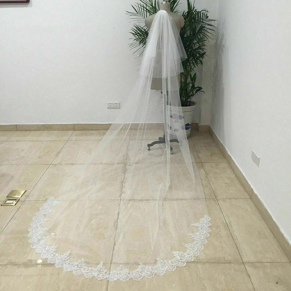 Voile de mariée blanc ivoire, voile Long avec bord en dentelle, avec peigne, accessoires de mariage