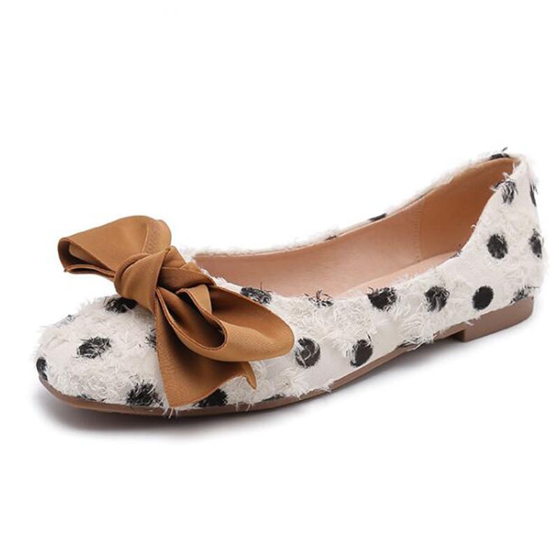 MVVJKE à pois papillon noeud carré chaussures plates femmes bateau chaussures confortable décontracté dame chaussures plates: Apricot / 5