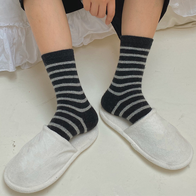 Chaussettes en poils de lapin pour femmes, décontractées à rayures, longues en laine de cachemire, hiver, épaisses et chaudes, Streetwear, chaussettes thermiques d&#39;équipage, , 20%