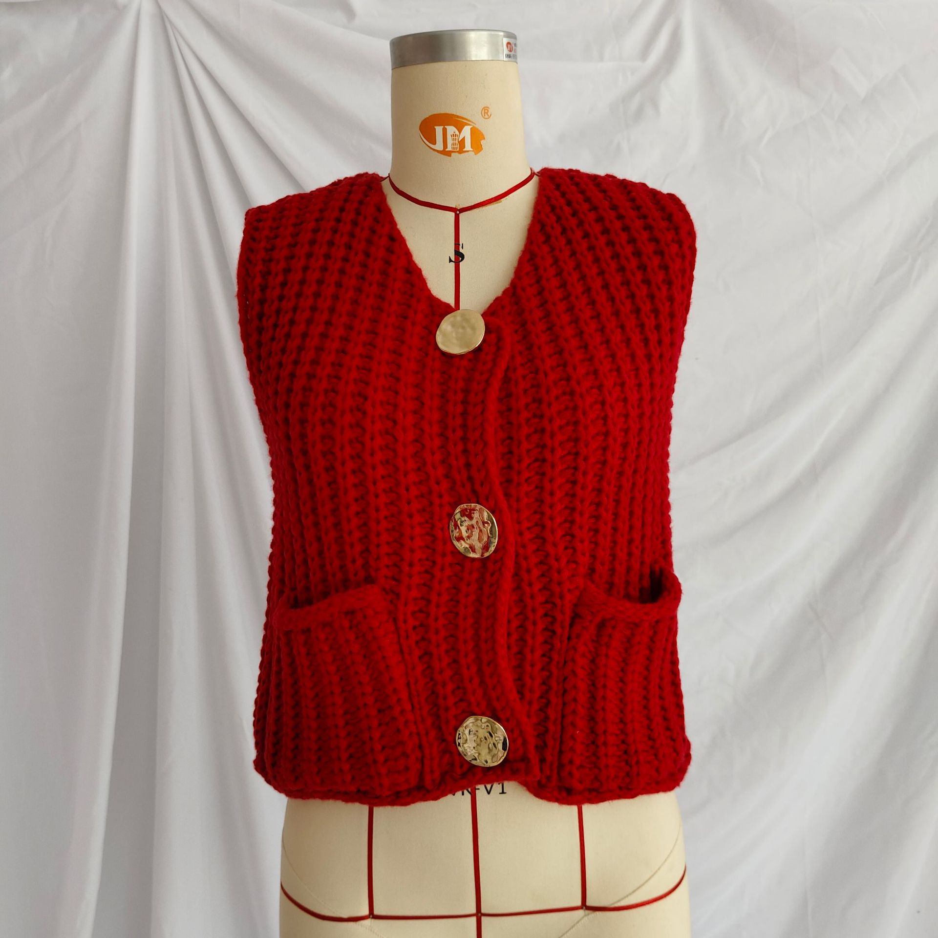 Efterårs cropped sweater dameveste rød ensfarvet løs afslappet sweatervest kabelstrikket sweatervest til kvinder toppe med lommer