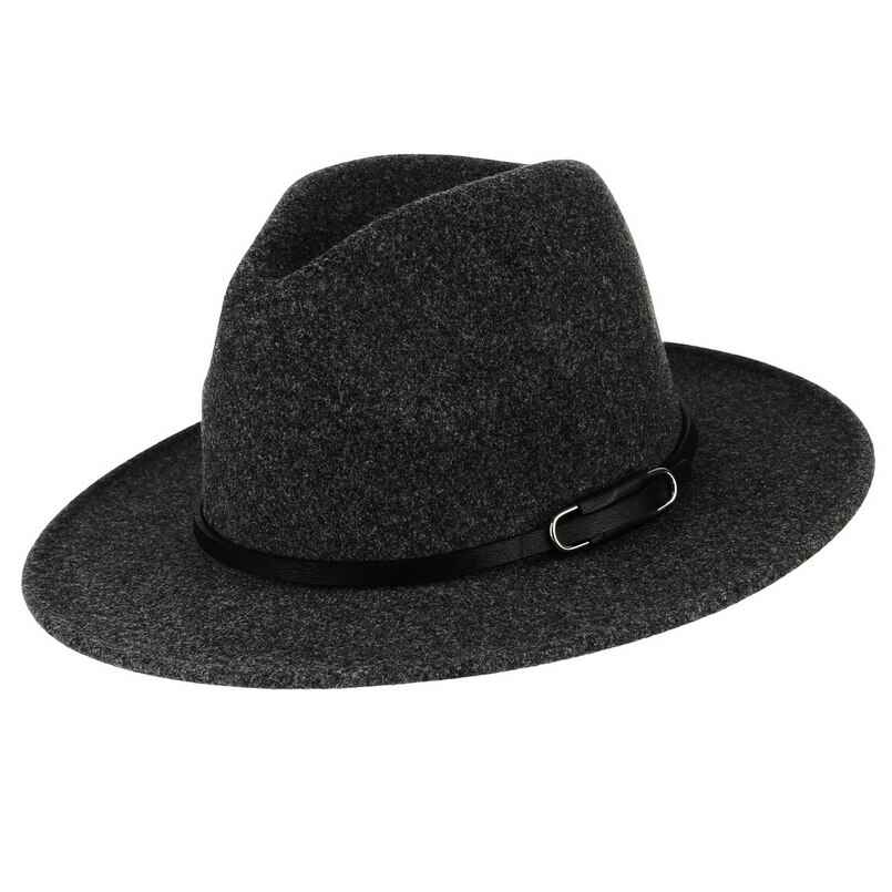 Gemvie bredskygget uld fedora filthat til kvinder varm efterår vinter panama hat jazz kasket med spænde læderbånd: Grå 2