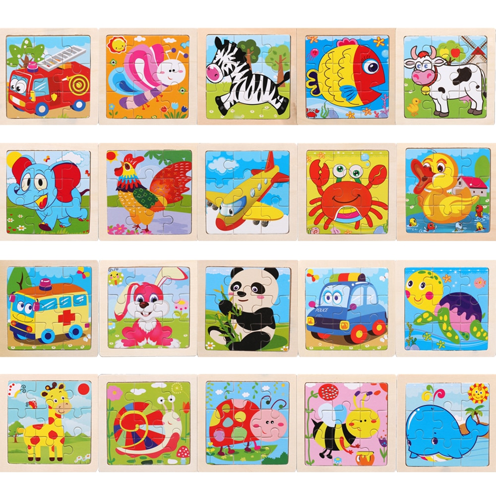 3D Puzzle Wooden Toys jigsaw puzzle Cartoon Animal Traffic Puzzles for Kids Educational Cognitive Toy 9 Pieces 11x11cm