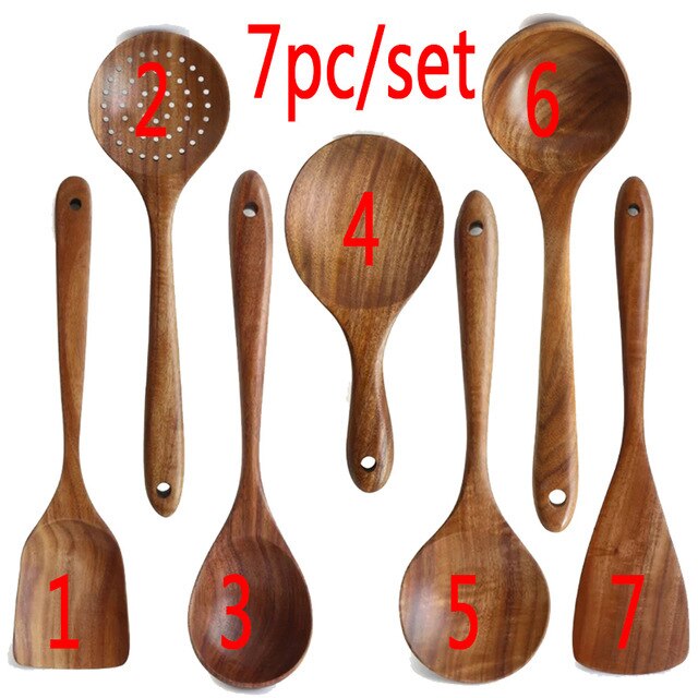 1-9 unids/set juego de utensilios de cocina de madera, cucharas de madera para cocinar, utensilios, cucharas de madera de teca Natural para de sartén antiadherente