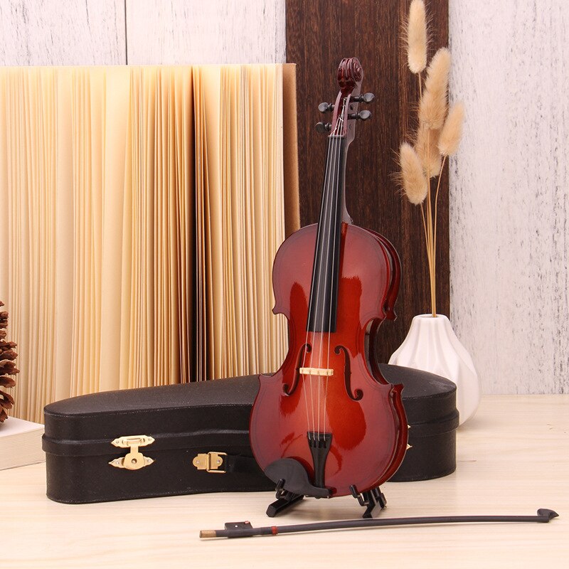 Mini Miniature Violin Model with Support Wooden Musical Instruments Collection Decorative Model