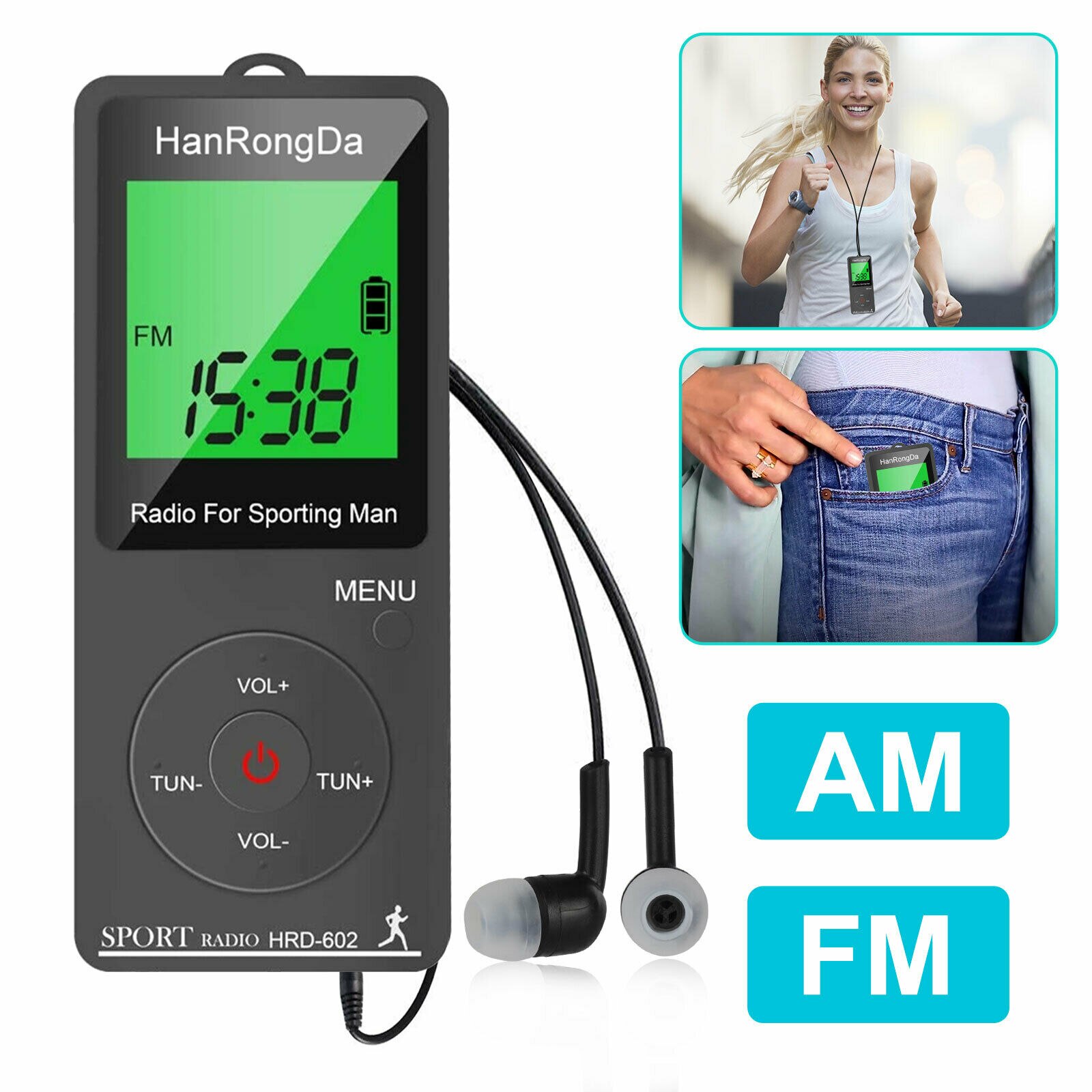HRD-602 Radio FM AM Radio Portable Radio Receiver Sports Radio with Earphone Sports Pedometer LCD Display Lock Button Pocket