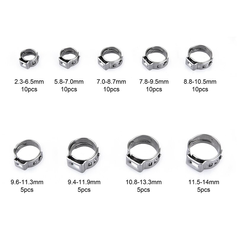 70pcs Single Ear Stepless Hose Clamps 5.3-14.0mm 304 Stainless Steel Hose Clamps Cinch Clamp Rings for Sealing Kinds of Hose