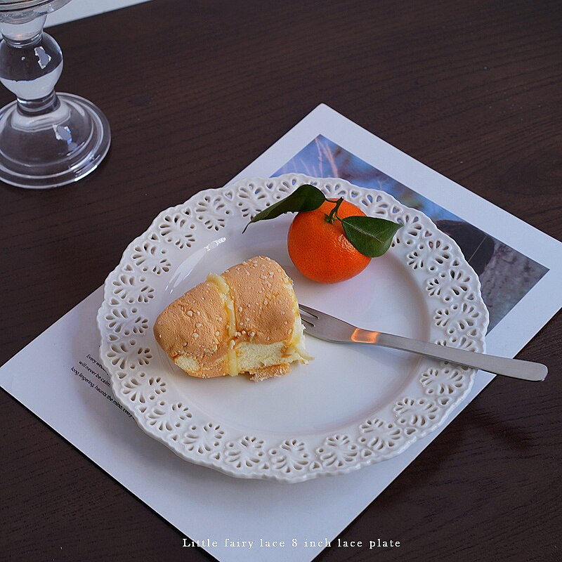 Ceramic 8 Inch Western Food Tray Afternoon Tea Snack Tray European Little Fairy Lace Cutout Pattern Plate
