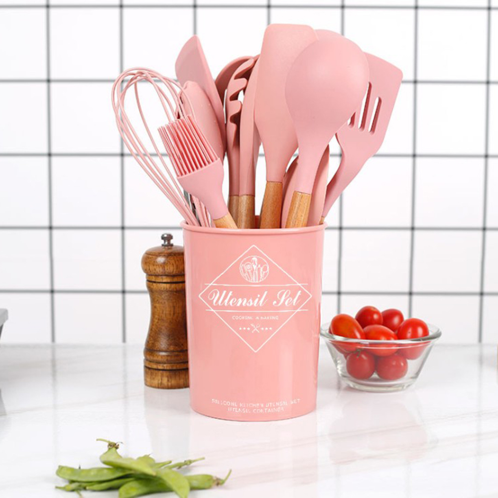 11pcs Silicone Cooking Utensils Set ,Pink Solid Wood Handle With Storage Box, Kitchenware Kit Kitchen Tools Accessories