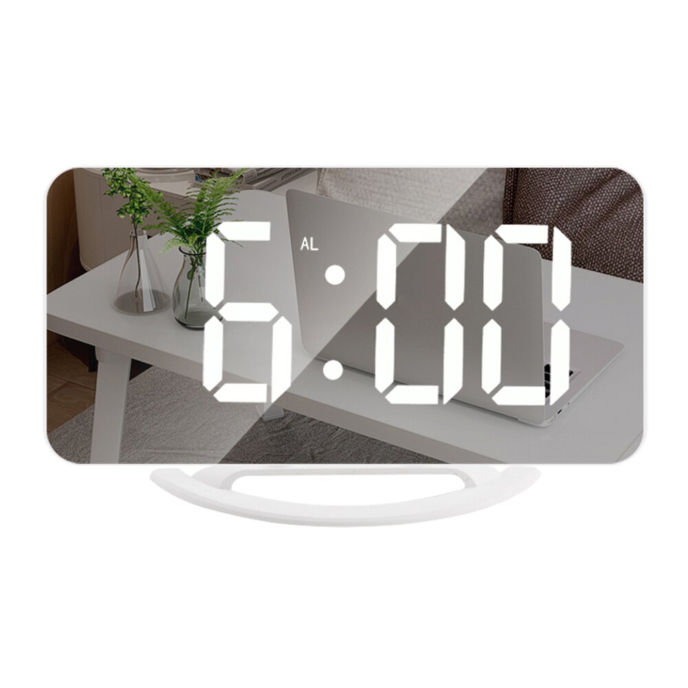 LED Screen Mirror Digital Display Wake Up Clock Desktop Automatic Photosensitive Multifunctional Electronic Alarm Clock Home: white