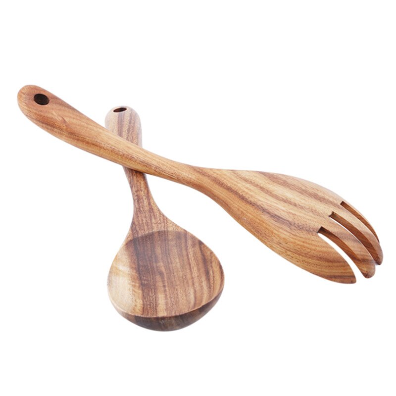 Kitchen Natural Wooden Spoon Fork Large Salad Dinner Serving Spoons Server Wood Fork Spoon Cutlery Set Wooden Utensils Tableware