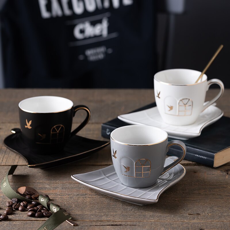 160ml lelgant kaffee tasse mit untertasse Gold Inlay elch hirsche vöGel tassen