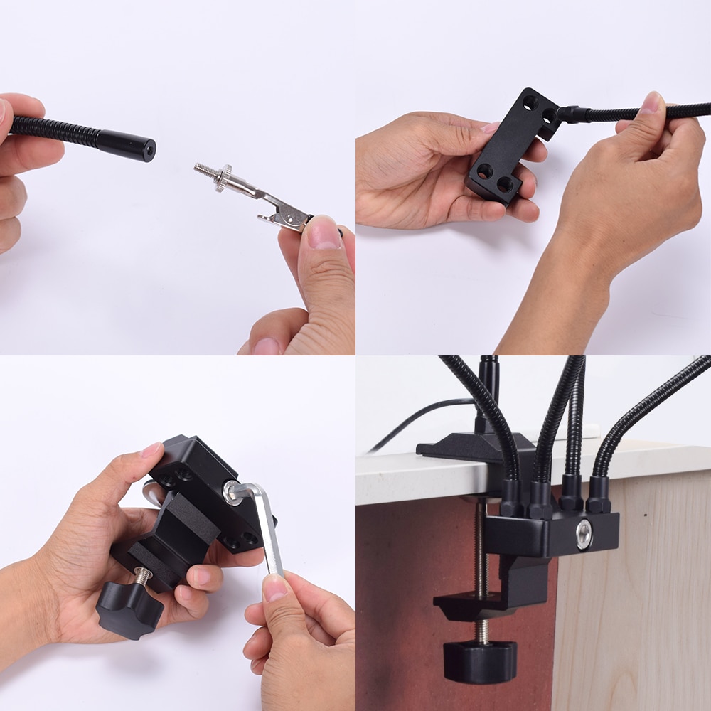 Toolour Welding Third Hand Tool Table Clamp Soldering Stand USB LED 3X Magnifier 5pc Flexible Arms Bench Vise Soldering Holder