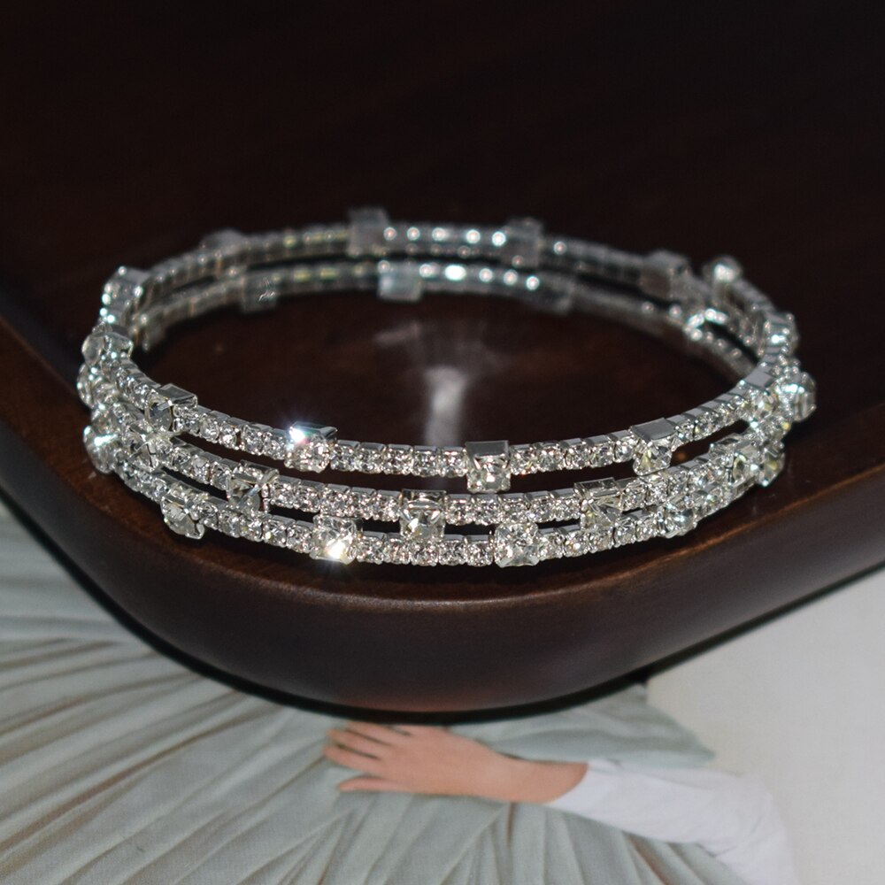 6-color Crystal Bracelet Blue, Red, White Three-row Stretch Bracelet Bride Wedding Rhinestone Bracelet Party Jewelry: 3 rows of silver