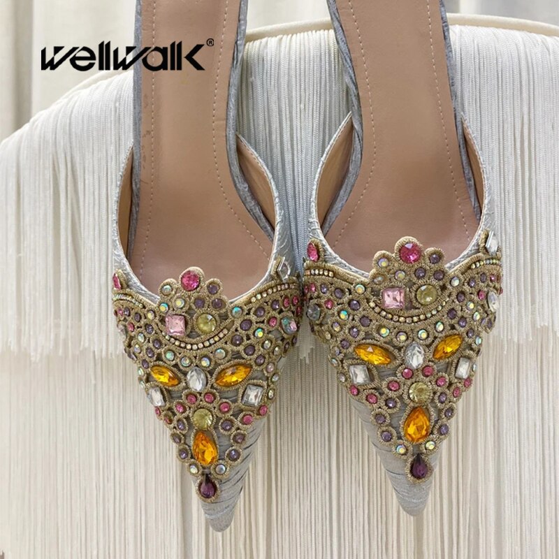 Valentina Jewel embellecido zapatos de tacón de gatito para mujeres decoración colorida zapatillas de mulas para damas de vestido tacones diapositivas de verano