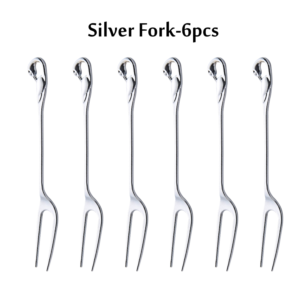 7Pcs Swan Fruit Base Holder Forks Set Stainless Steel Salad Dessert Forks Coffee Spoon Cake Tableware Zero Waste Talher Flatware: H without Swan Base