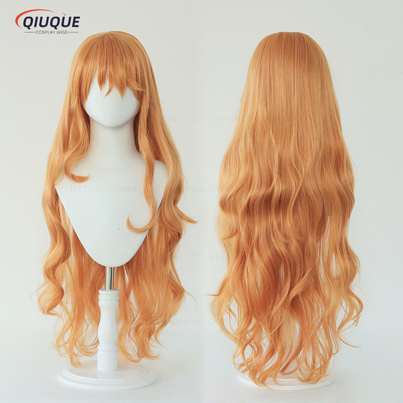 Adult Nami Cosplay Wig Women 75cm Long Curly Wavy Orange Heat Resistant Hair Anime Cosplay Wigs + Wig Cap: Beige
