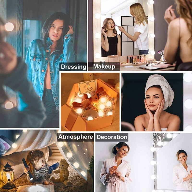 Juego de luces LED para espejo de tocador, de estilo Hollywood, 3 colores, 10 bombillas regulables, tira de accesorios de iluminación para maquillaje, tocador