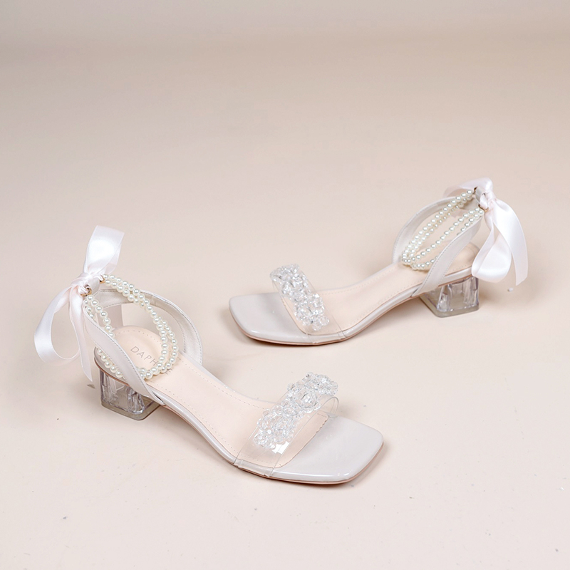 Sandales à talons hauts pour femmes, ruban de perles Transparent, moyen avec sandales, chaussures à bout ouvert, chaussures à plateforme à la: off white / 34