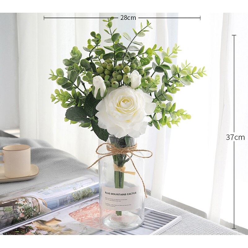 Artificial Roses Flower Bouquet Dining Table Wedding Home Wall Decoration Accessories Holding Flowers Valentine Day: White 1 Pcs