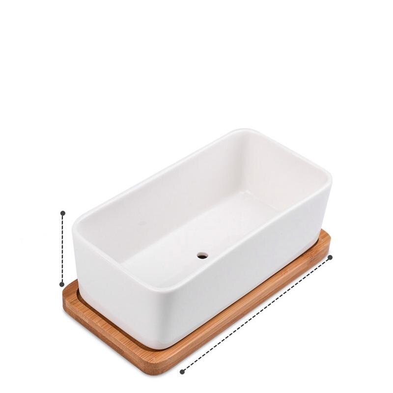 Keramische langwerpige bloempot met bamboe schaal vetplantenbak tuin bonsai pot bloempot wit  (1pc bloempotten 1pc bamboe schaal)