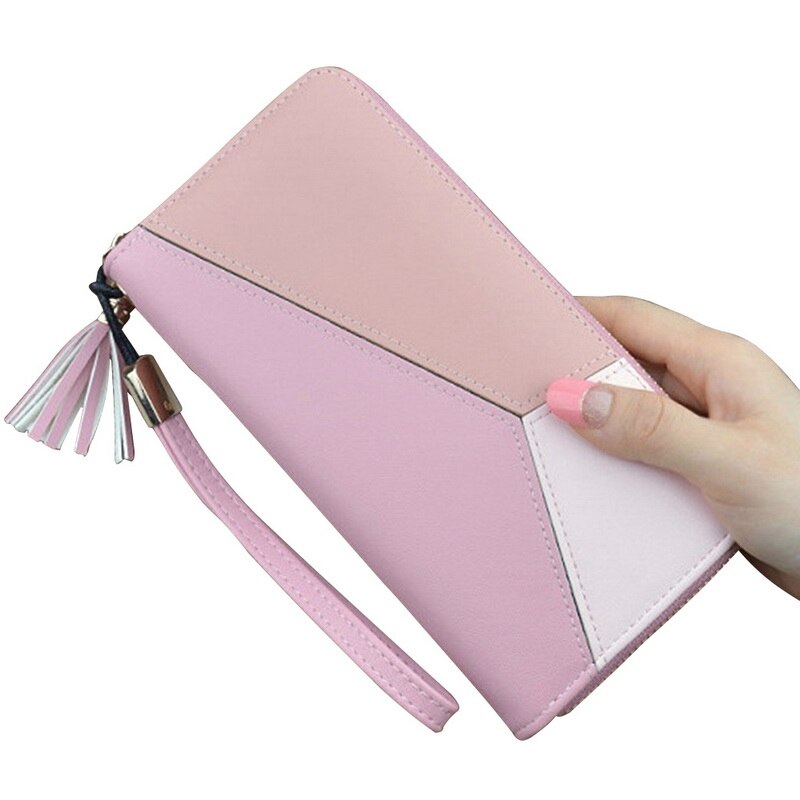 SHUJIN Geometric Women Wallets with Zipper Pink Phone Pocket Card Holder Patchwork Long Wallet Lady Tassel Short Coin Purse: 2