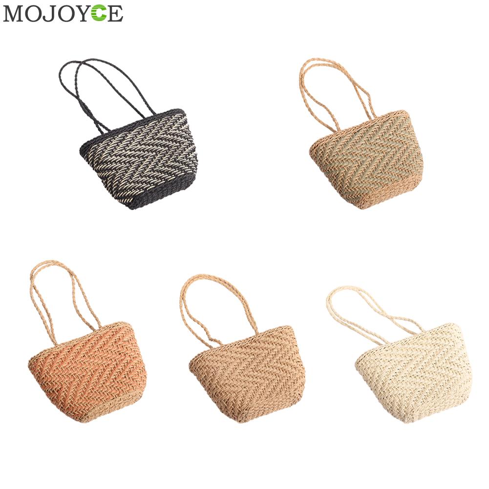 Vintage Straw Shoulder Weaving Bucket Beach Bag Women Woven Rattan Small Beach Summer Bucket Totes Handbags