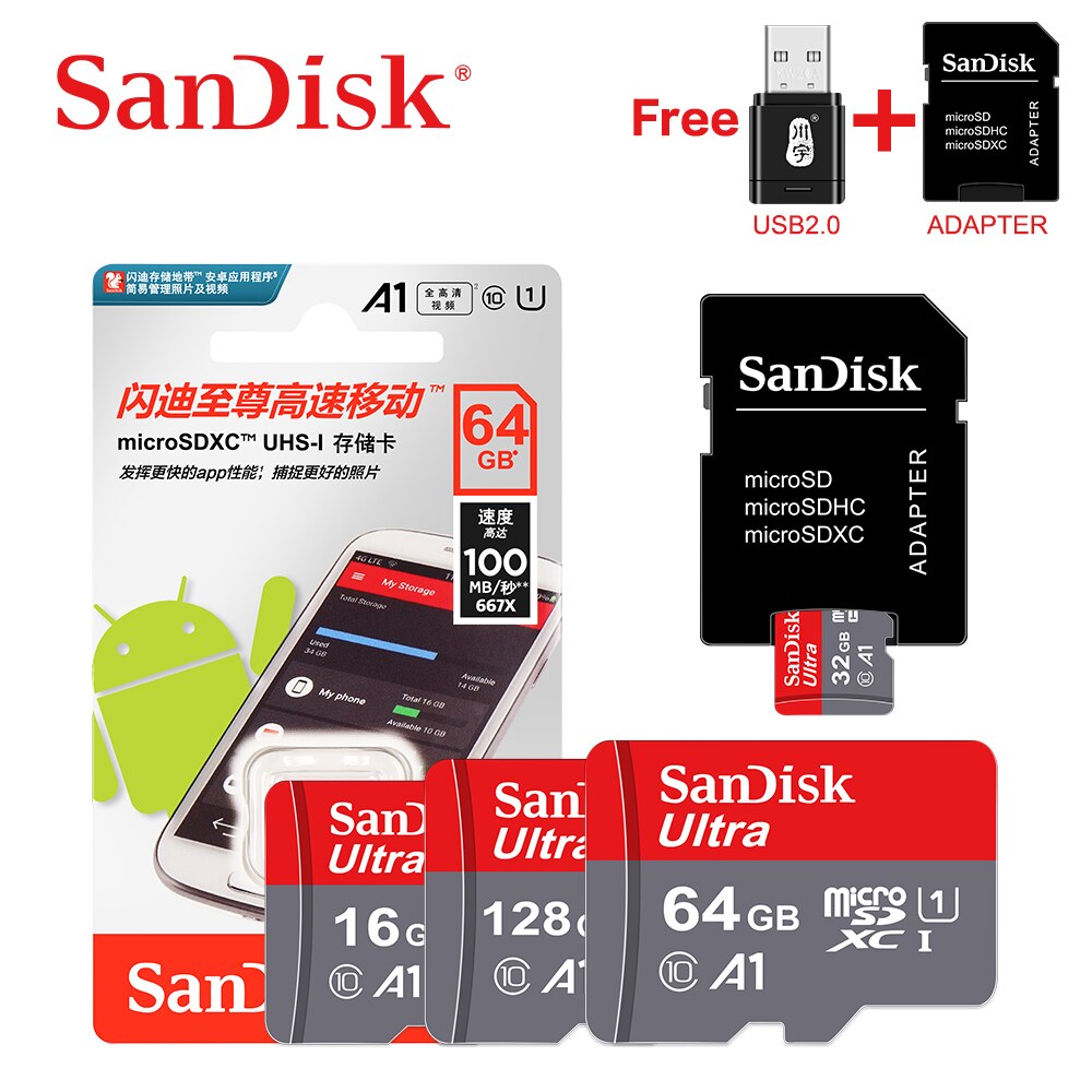 SanDisk-karta microSD TF 100% oryginalna, klasy 10, 16GB 32GB 64GB 128GB max 98Mb/s, karta pamięci, do smartfona i PC
