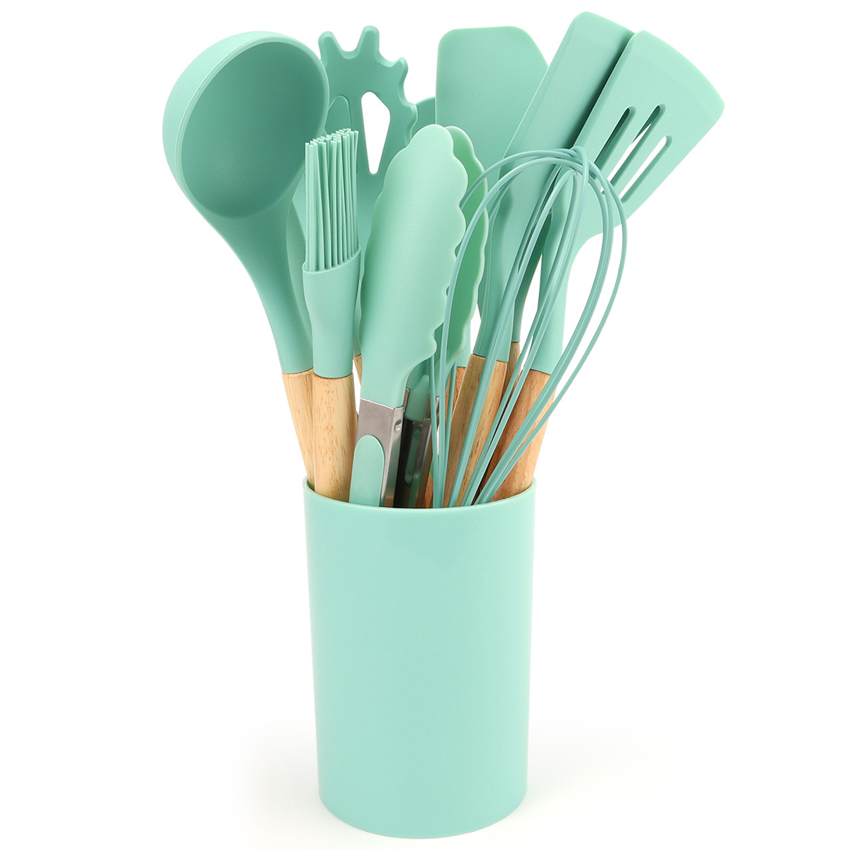 12 Stuks Siliconen Keukengerei Spatel Schop Soeplepel Koken Tool Met Opslag Emmer Non-stick Houten Handvat Keuken gadgets: Army Green